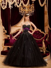 Black Ball Gown Sweetheart Floor-length Tulle Appliques Quinceanera Dress