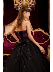 Black Ball Gown Sweetheart Floor-length Tulle Appliques Quinceanera Dress