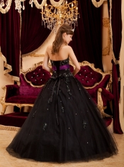 Black Ball Gown Sweetheart Floor-length Tulle Appliques Quinceanera Dress