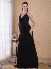 Black Column / Sheath Halter Brush Chiffon Ruch Prom Dress