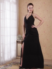 Black Column / Sheath Halter Brush Chiffon Ruch Prom Dress