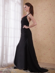 Black Column / Sheath Halter Brush Chiffon Ruch Prom Dress