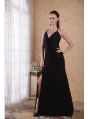 Black Column / Sheath Halter Brush Chiffon Ruch Prom Dress