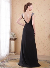 Black Column / Sheath V-neck Brush Train Chiffon Beading and Ruch Prom / Evening Dress