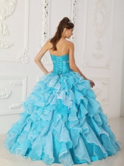 Blue A-Line / Princess Sweetheart Floor-length Taffeta and Organza Beading Quinceanera Dress