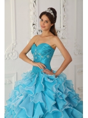 Blue A-Line / Princess Sweetheart Floor-length Taffeta and Organza Beading Quinceanera Dress