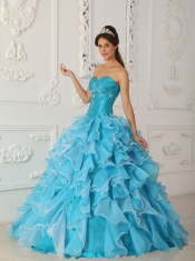 Blue A-Line / Princess Sweetheart Floor-length Taffeta and Organza Beading Quinceanera Dress