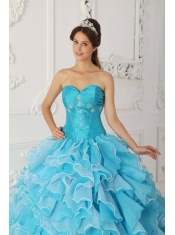 Blue A-Line / Princess Sweetheart Floor-length Taffeta and Organza Beading Quinceanera Dress