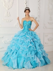 Blue A-Line / Princess Sweetheart Floor-length Taffeta and Organza Beading Quinceanera Dress