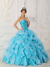 Blue A-Line / Princess Sweetheart Floor-length Taffeta and Organza Beading Quinceanera Dress