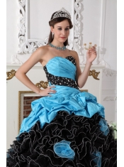 Blue and Black Ball Gown Sweetheart Floor-length Organza Beading and Rolling Flowers Quinceanera Dress