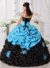 Blue and Black Ball Gown Sweetheart Floor-length Organza Beading and Rolling Flowers Quinceanera Dress