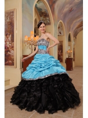Blue and Black Ball Gown Sweetheart Floor-length Ruffles Taffeta and Organza Quinceanera Dress