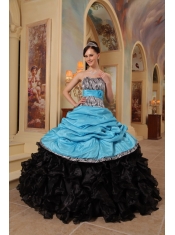 Blue and Black Ball Gown Sweetheart Floor-length Ruffles Taffeta and Organza Quinceanera Dress