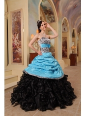 Blue and Black Ball Gown Sweetheart Floor-length Ruffles Taffeta and Organza Quinceanera Dress