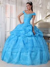 Blue Ball Gown Off The Shoulder Floor-length Taffeta and Organza Beading Quinceanera Dress