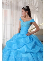 Blue Ball Gown Off The Shoulder Floor-length Taffeta and Organza Beading Quinceanera Dress