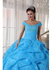 Blue Ball Gown Off The Shoulder Floor-length Taffeta and Organza Beading Quinceanera Dress