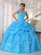 Blue Ball Gown Off The Shoulder Floor-length Taffeta and Organza Beading Quinceanera Dress