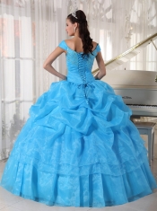 Blue Ball Gown Off The Shoulder Floor-length Taffeta and Organza Beading Quinceanera Dress