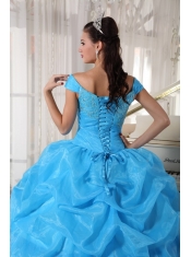 Blue Ball Gown Off The Shoulder Floor-length Taffeta and Organza Beading Quinceanera Dress