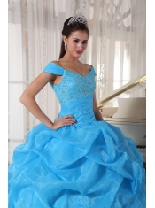 Blue Ball Gown Off The Shoulder Floor-length Taffeta and Organza Beading Quinceanera Dress