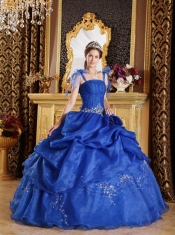 Blue Ball Gown Spaghetti Straps Floor-length Organza Appliques Quinceanera Dress