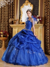 Blue Ball Gown Spaghetti Straps Floor-length Organza Appliques Quinceanera Dress