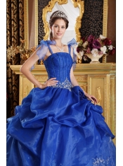 Blue Ball Gown Spaghetti Straps Floor-length Organza Appliques Quinceanera Dress