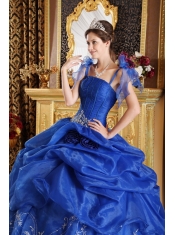 Blue Ball Gown Spaghetti Straps Floor-length Organza Appliques Quinceanera Dress