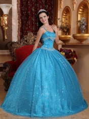 Blue Ball Gown Spaghetti Straps Floor-length Sequined Beading Quinceanera Dress