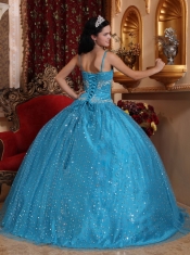 Blue Ball Gown Spaghetti Straps Floor-length Sequined Beading Quinceanera Dress