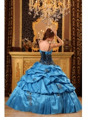 Blue Ball Gown Strap Floor-length Taffeta   Appliques Quinceanera Dress