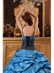 Blue Ball Gown Strap Floor-length Taffeta   Appliques Quinceanera Dress