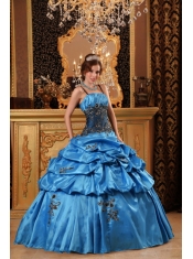 Blue Ball Gown Strap Floor-length Taffeta   Appliques Quinceanera Dress