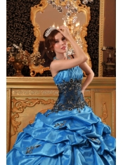 Blue Ball Gown Strap Floor-length Taffeta   Appliques Quinceanera Dress