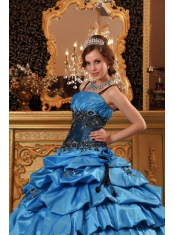 Blue Ball Gown Strap Floor-length Taffeta   Appliques Quinceanera Dress