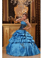Blue Ball Gown Strap Floor-length Taffeta   Appliques Quinceanera Dress
