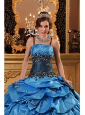 Blue Ball Gown Strap Floor-length Taffeta   Appliques Quinceanera Dress