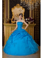 Blue Ball Gown Strapless Floor-length Appliques Organza Quinceanera Dress