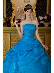 Blue Ball Gown Strapless Floor-length Appliques Organza Quinceanera Dress