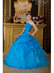Blue Ball Gown Strapless Floor-length Appliques Organza Quinceanera Dress