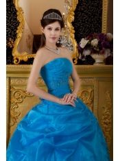 Blue Ball Gown Strapless Floor-length Appliques Organza Quinceanera Dress