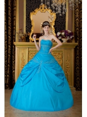 Blue Ball Gown Strapless Floor-length Appliques Taffeta Quinceanera Dress