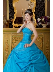 Blue Ball Gown Strapless Floor-length Appliques Taffeta Quinceanera Dress
