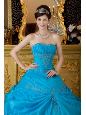 Blue Ball Gown Strapless Floor-length Appliques Taffeta Quinceanera Dress