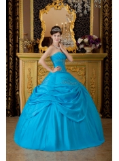 Blue Ball Gown Strapless Floor-length Appliques Taffeta Quinceanera Dress