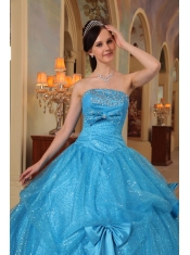 Blue Ball Gown Strapless Floor-length Bows Sequins and Organza Quinceanera Dress