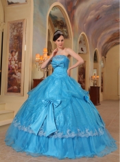 Blue Ball Gown Strapless Floor-length Bows Sequins and Organza Quinceanera Dress