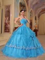 Blue Ball Gown Strapless Floor-length Bows Sequins and Organza Quinceanera Dress